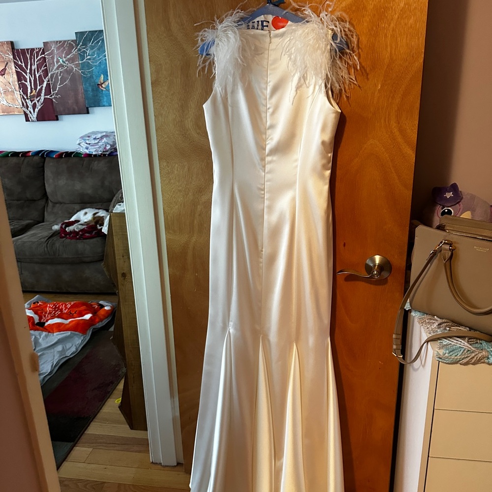 Mac Duggal White Feather-Trimmed Wedding Dress
